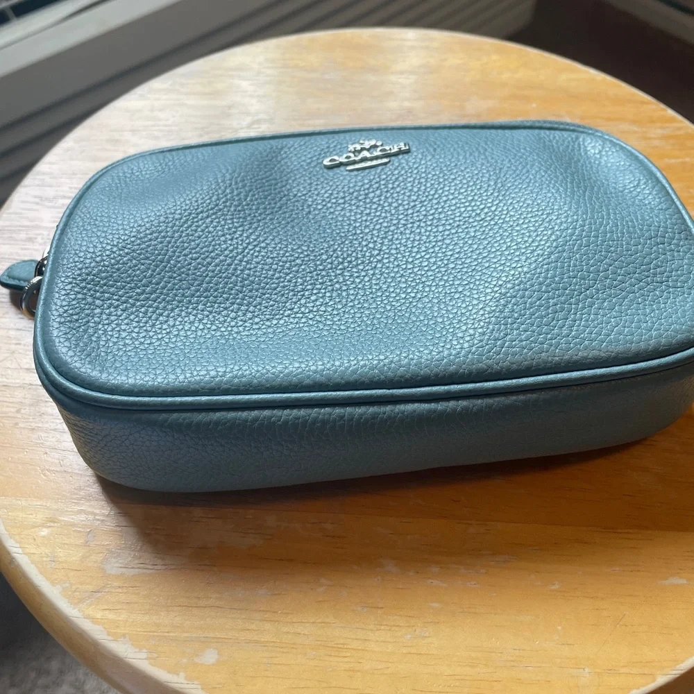 Coach Slate Blue Pebbled Leather Double Zip Crossbody with Silver Hardware - Picture 13 of 14
